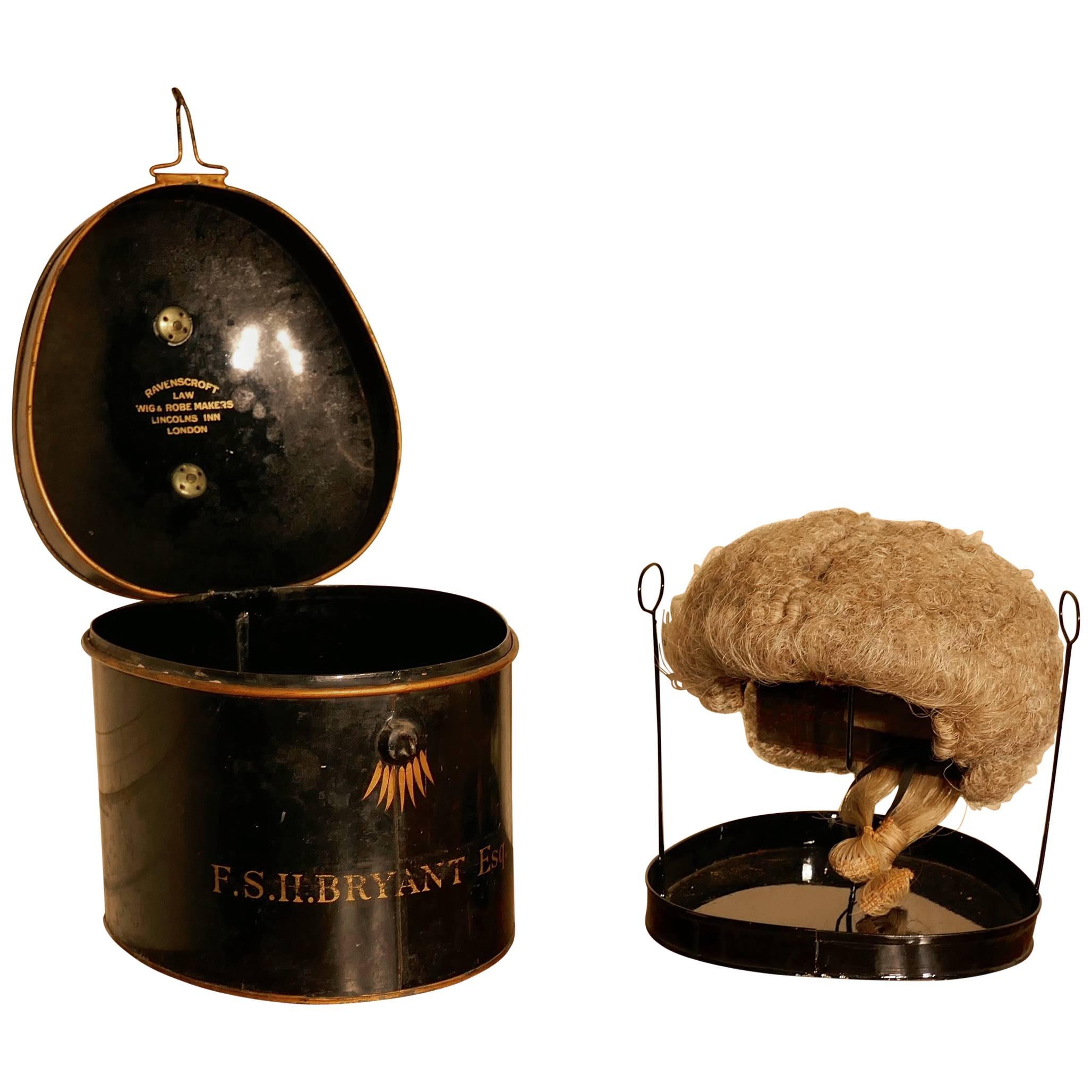 English Barrister's Bench Wig in Original Tole Box with Riser by Ravenscroft Law