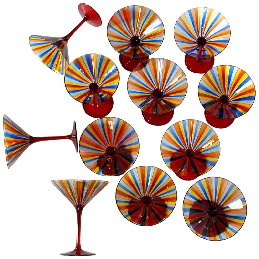 12 Martini Glass, Cenedese a Canne, Cadmium Red Stem, Signed, circa 1960