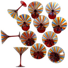 12 Martini Glass, Cenedese a Canne, Cadmium Red Stem, Signed, circa 1960