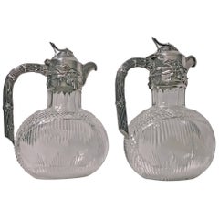 Pair Art Nouveau Silver and Glass Claret Jugs, Germany, circa 1900