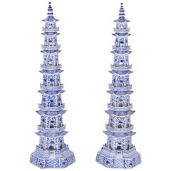 Pair of Chinese Blue and White Porcelain Pagodas