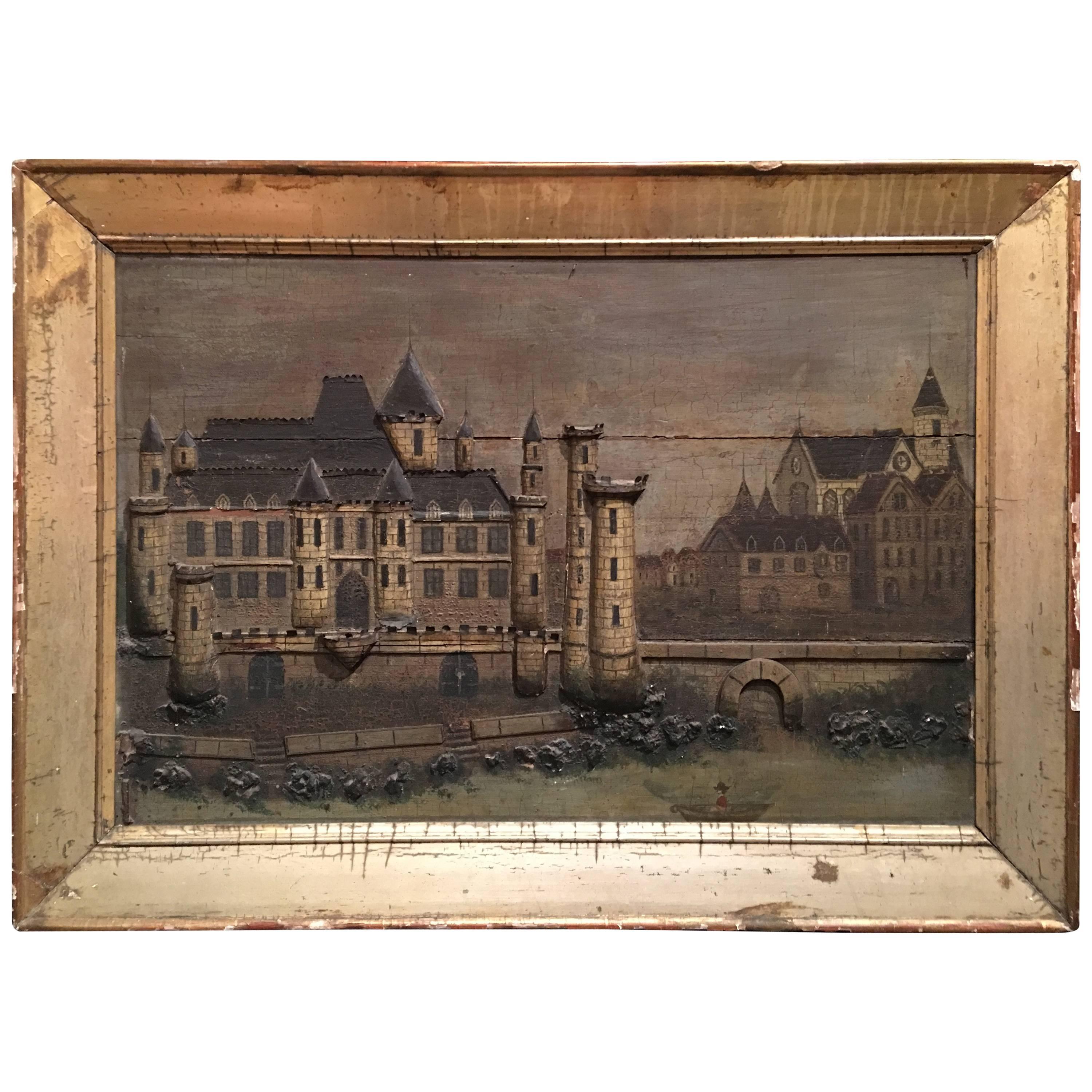 Large French Framed Diorama or Painting of a Castle Scene, 19th Century