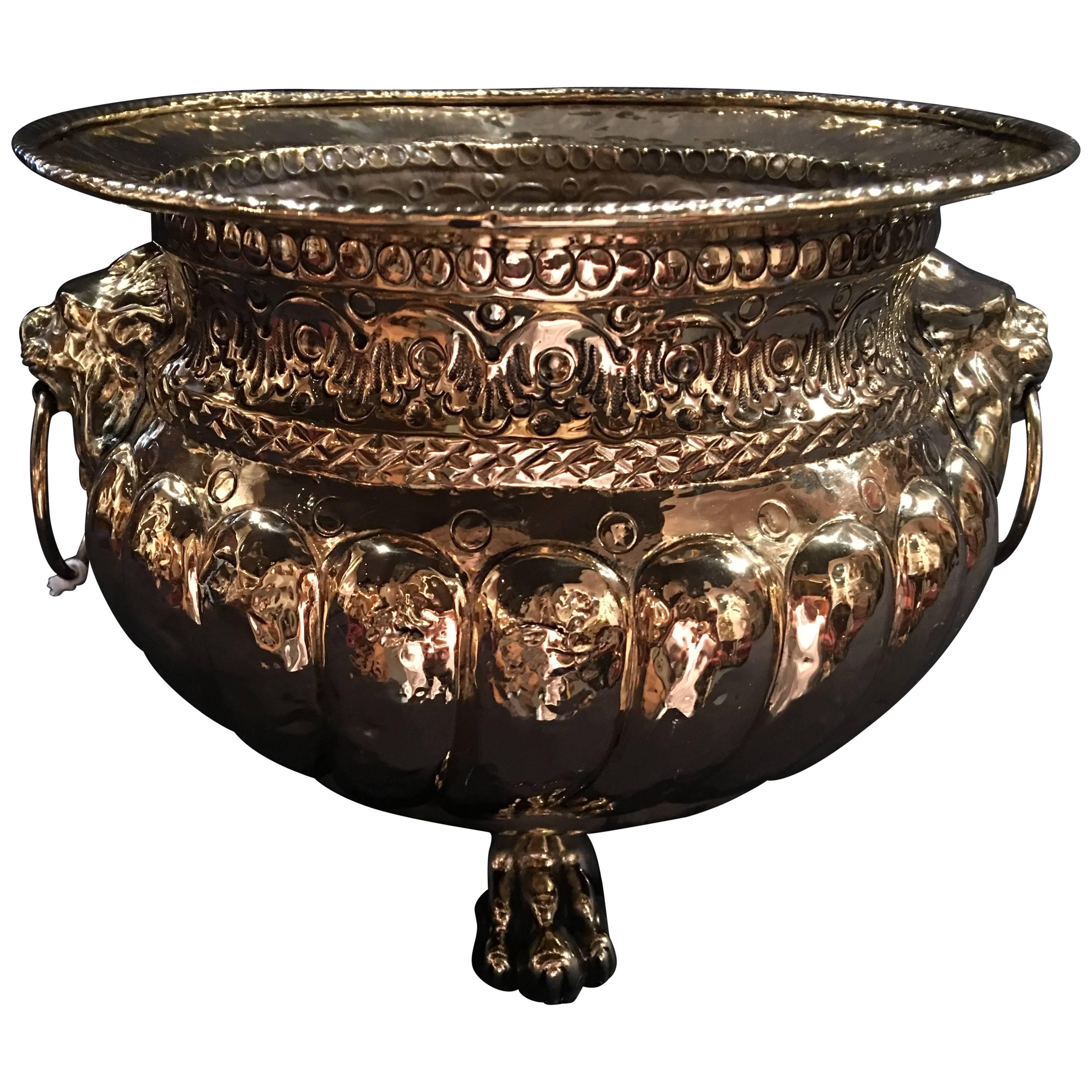 French Polished Brass Jardiniere with Lion Ring Handles, 19th Century