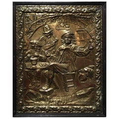 French Frame Polished Brass Plaque Relief "Drinking", 19th Century