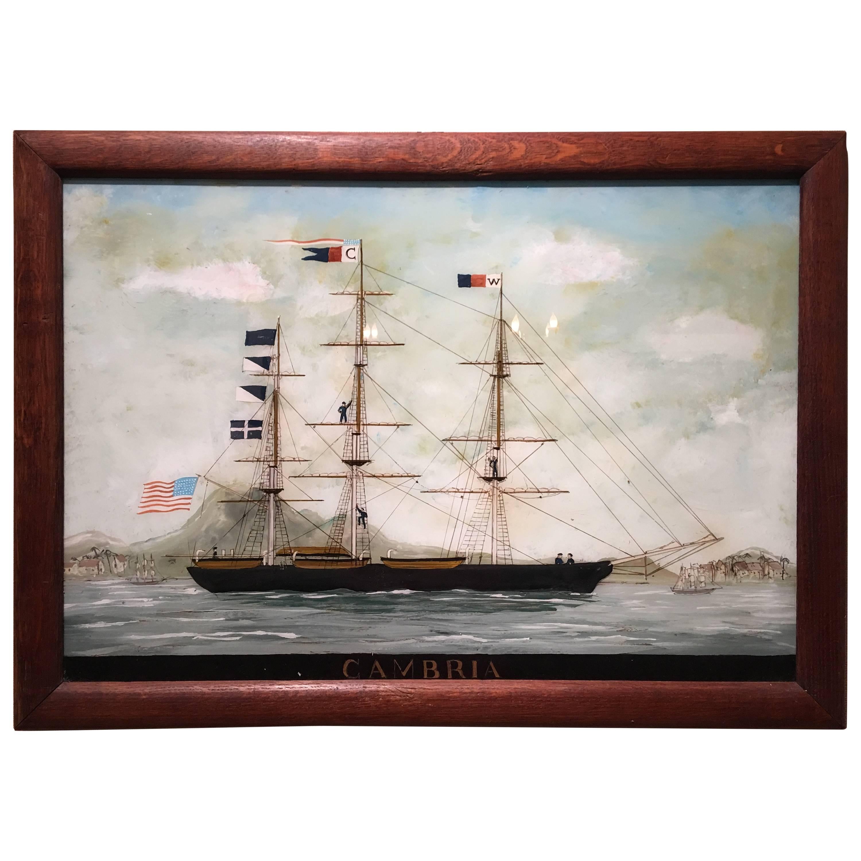 Reverse Glass Painting of a Ship "Cambria", 19th Century