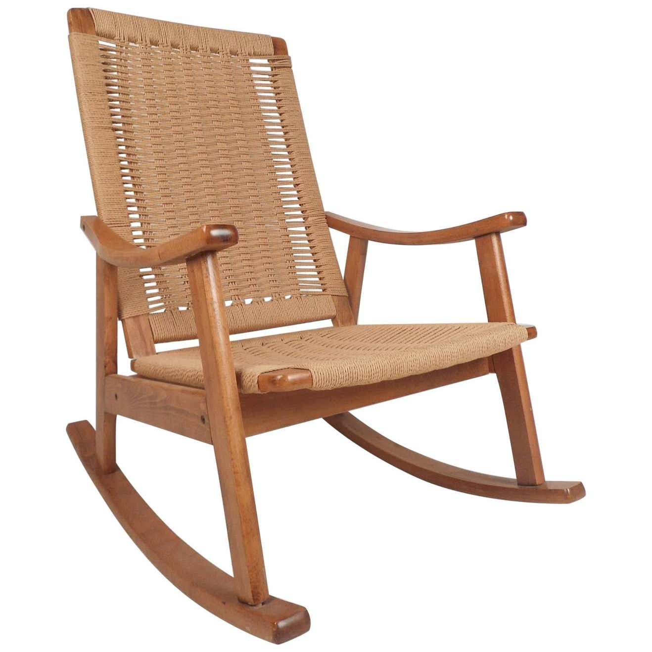 Midcentury Danish Modern Rope Rocking Chair in the Style of Hans Wegner ...