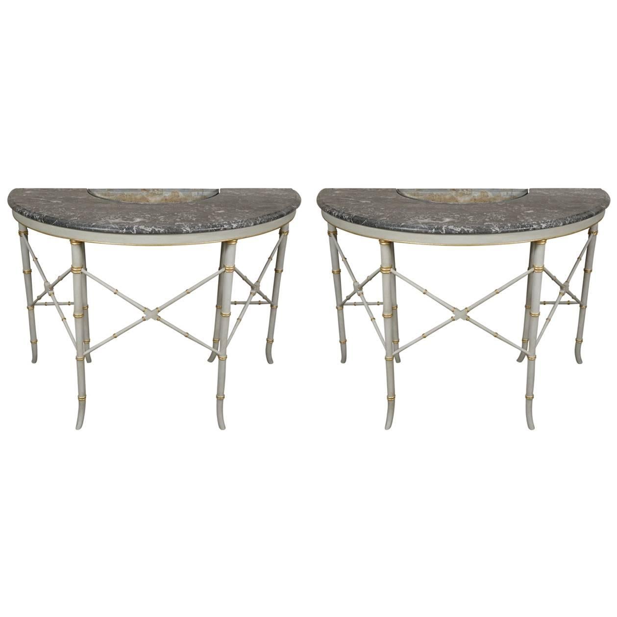 Pair of French Faux Bamboo Marble Topped Demi-Lune Console Planter Tables