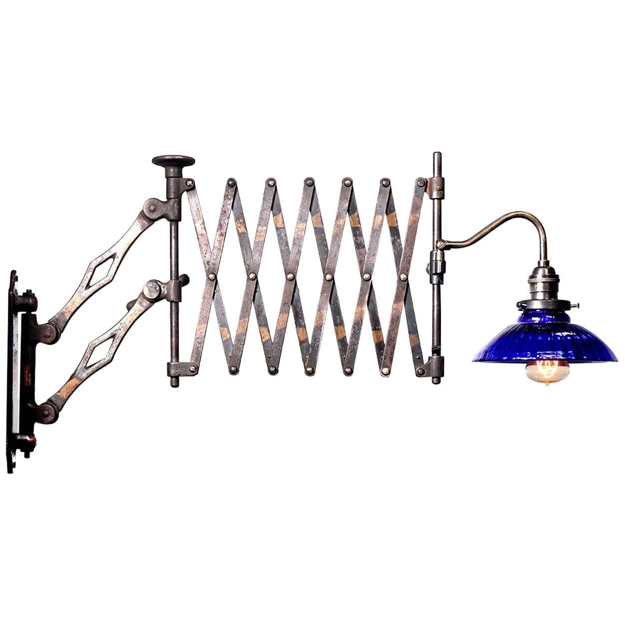 Heavy Industrial Scissor Lamp with Blue Mercury Glass Shade