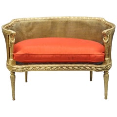 Antique French Louis XVI Style Gold Cane Giltwood Oval Settee Loveseat Bench