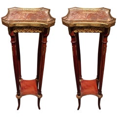 Antique Pair of French Plant Stands or Pedestals with Marble Tops, 19th Century