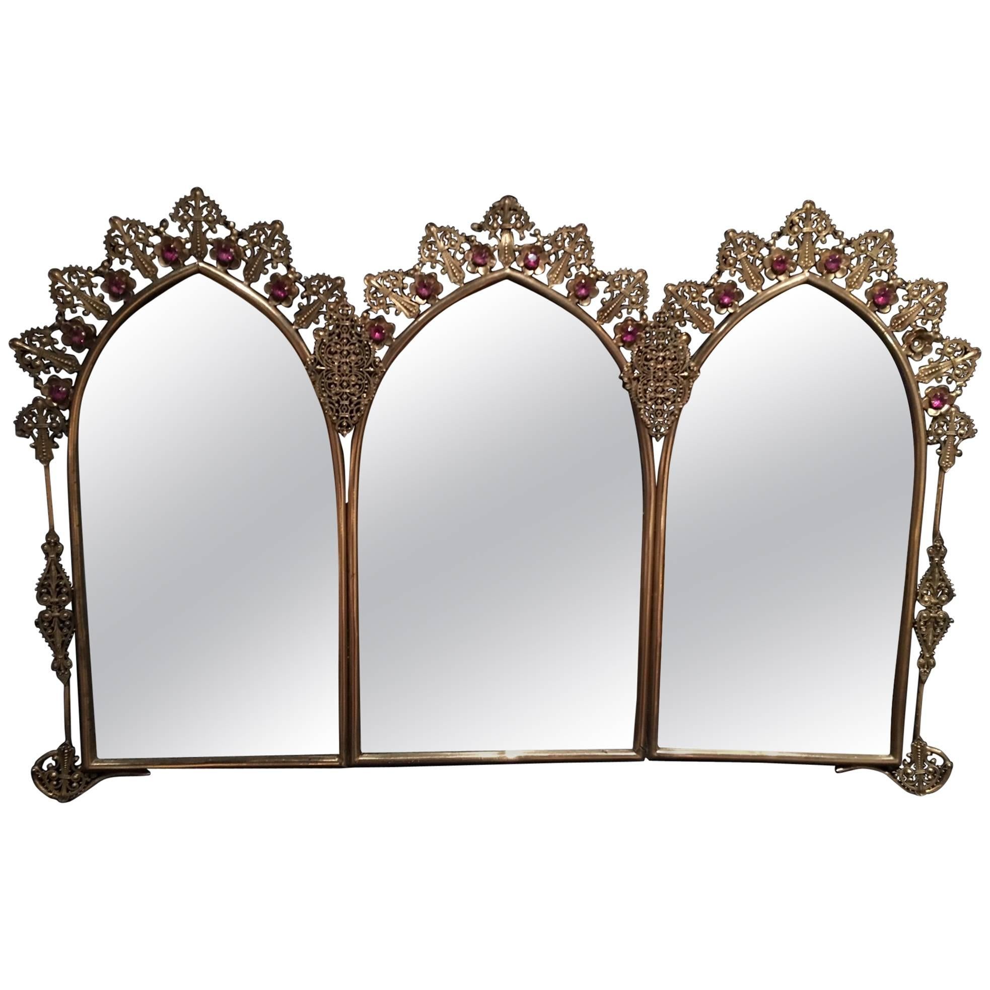 French Polished Brass Triple Mirror with Decorative Jewels, 19th Century