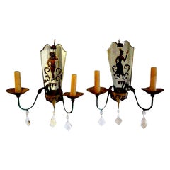 Pair of French Tole, Églomisé and Crystal Sconces
