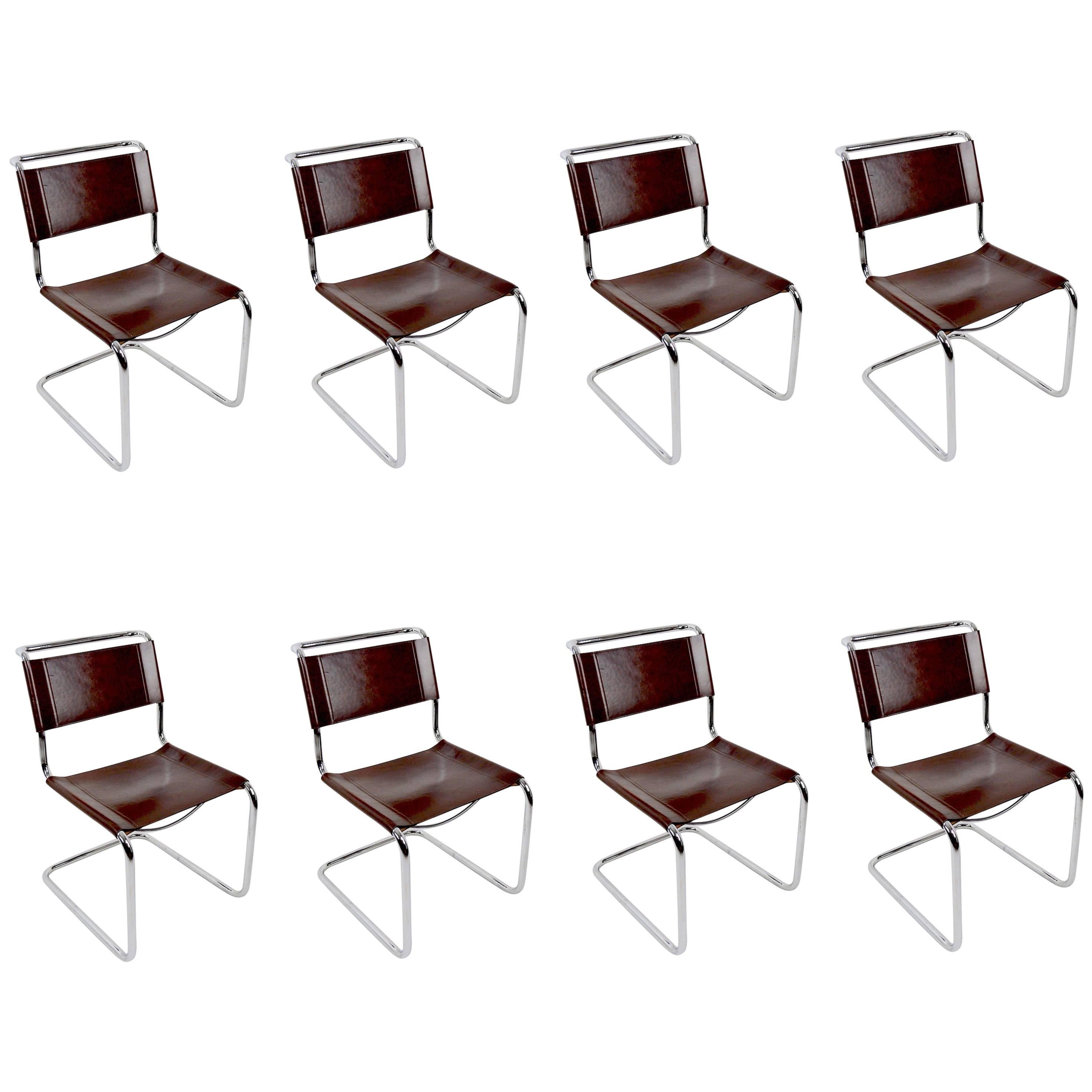 Set of Eight Dining Chairs by Breuer in Chrome and Leather