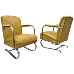 Pair of Lloyd Tubular Chrome Steel KEM Weber Style Art Deco Springer Arm Chairs