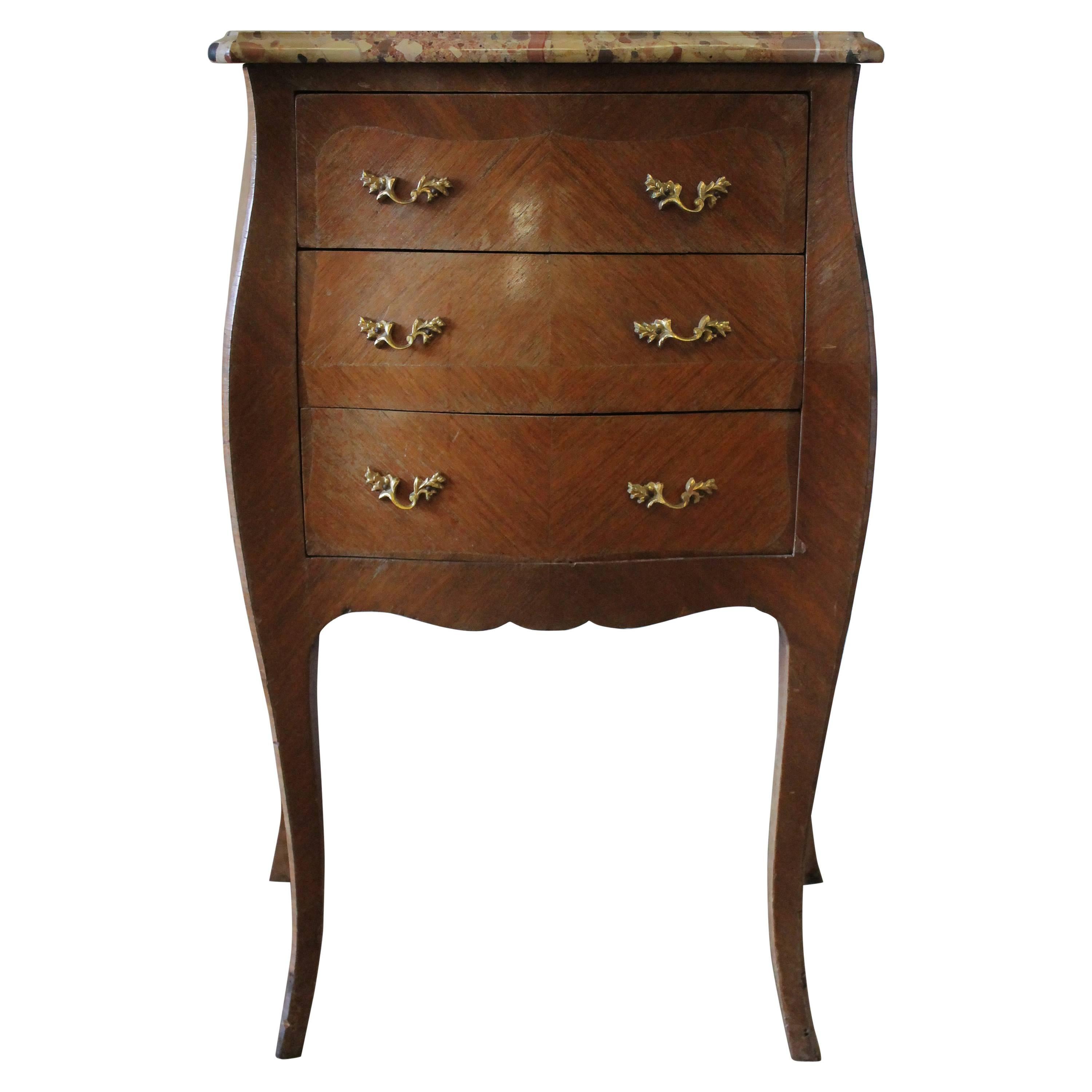 19th Century Italian Inlay Commode Side Table with Three Drawers and Marble Top