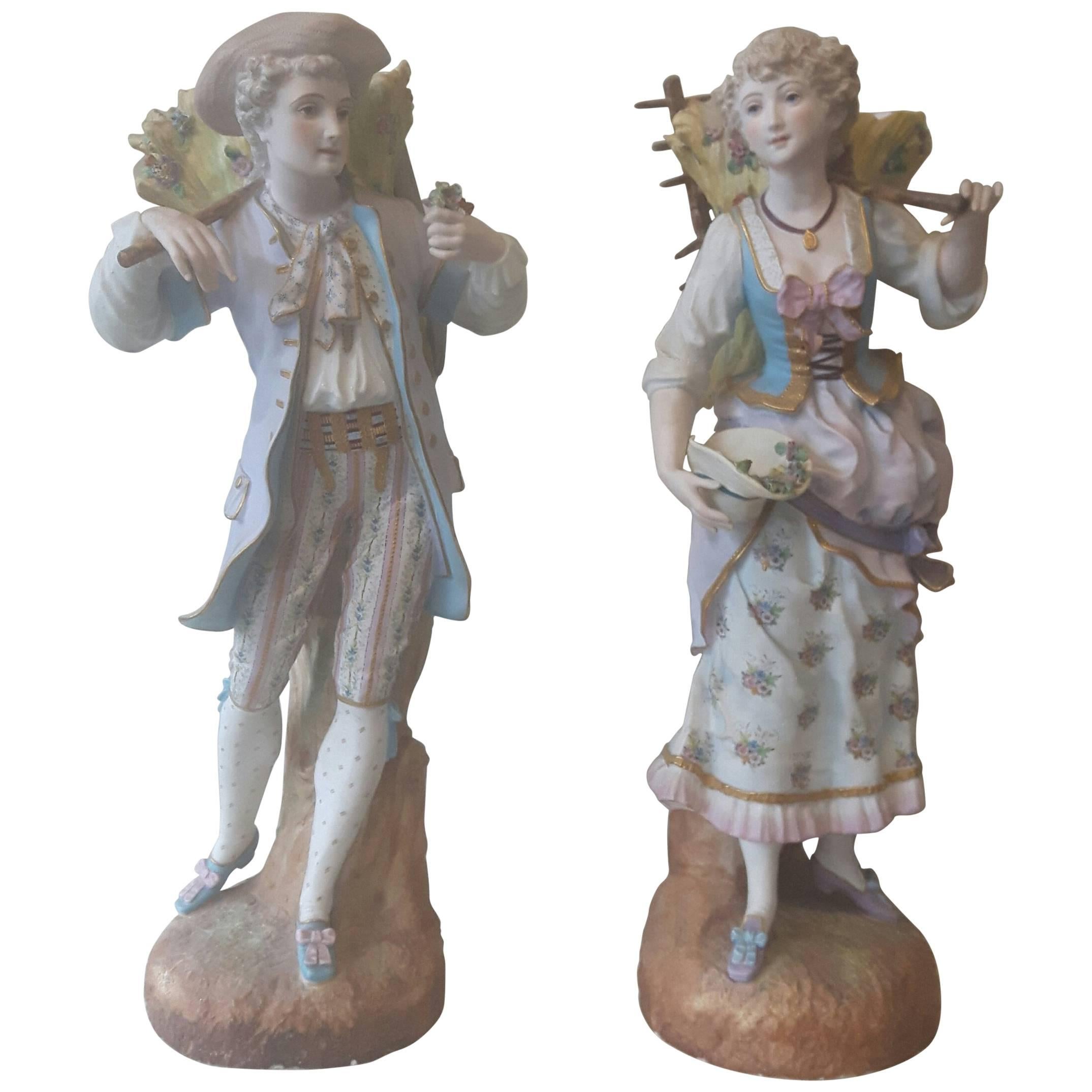 Large Pair of 19th Century French Bisque Figures For Sale