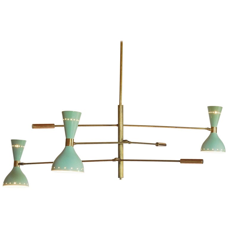 Adjustable Three-Arm Chandelier Brass Patinated Sage Green New Staggered Design For Sale
