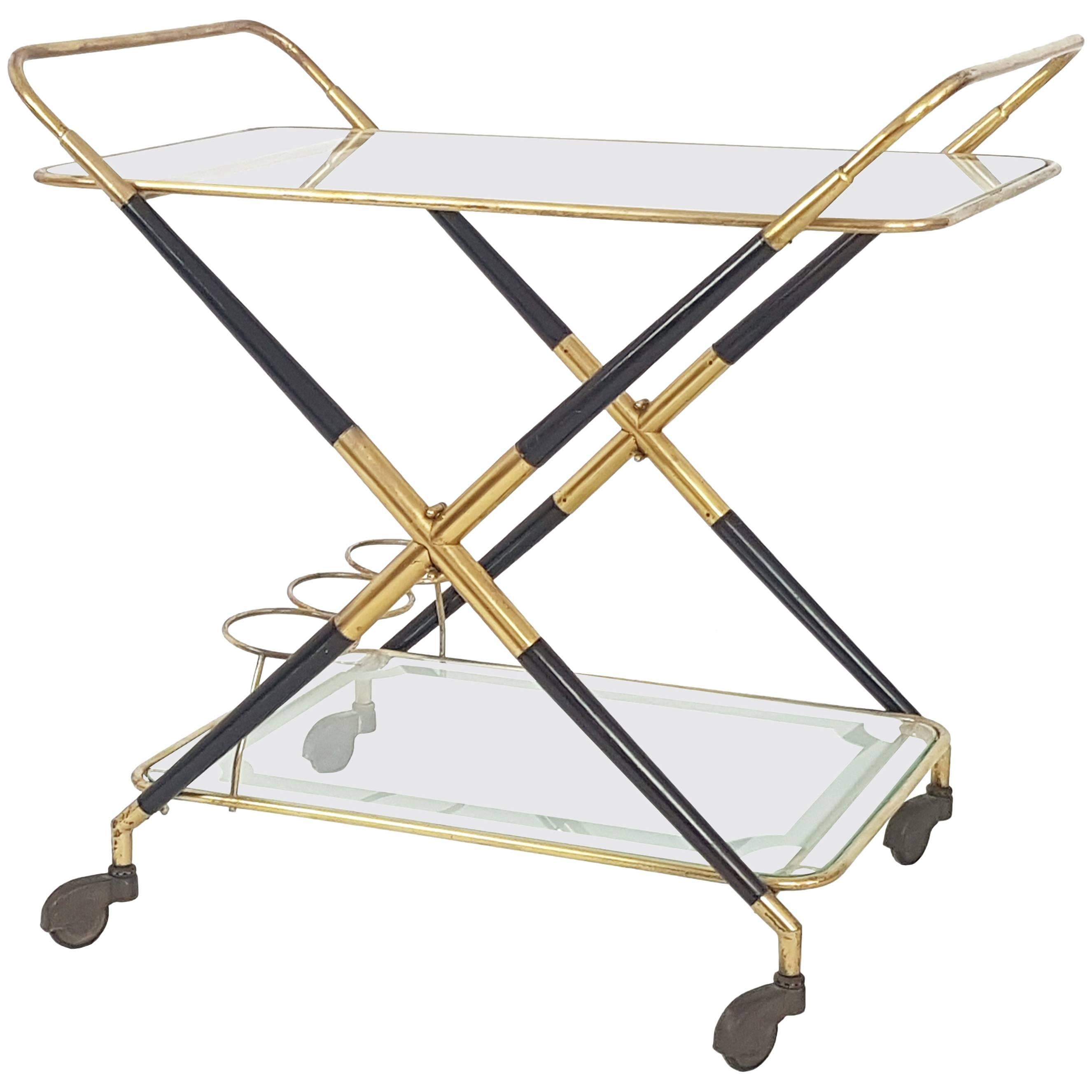 Italian Laquered Wood, Brass and Glass 1950s Serving Bar Cart by Cesare Lacca