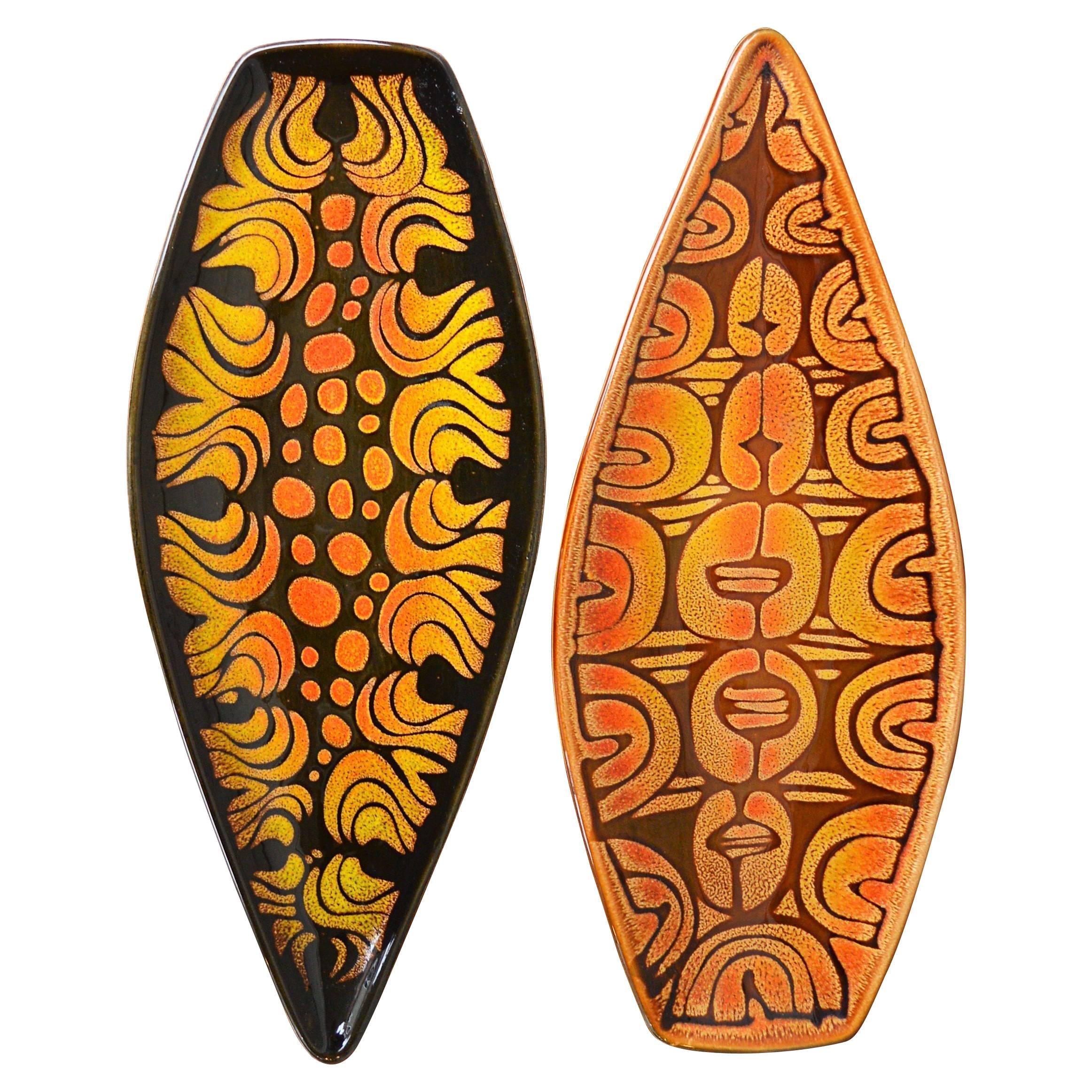 Pair of Poole Pottery English Sword Blade Shaped Aegean Dishes, Abstract Designs For Sale