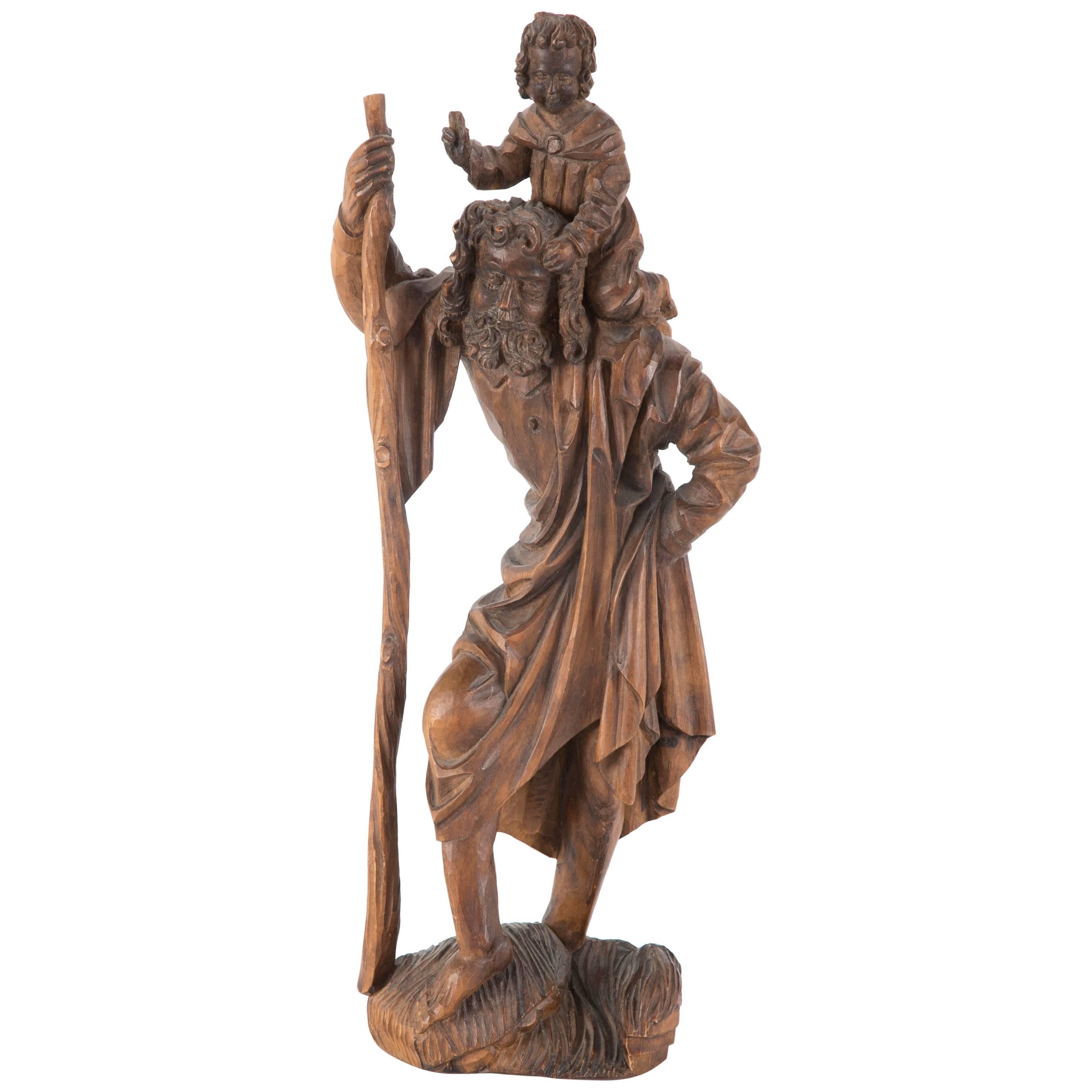 Gothic Style German Black Forest Carving of Saint Christopher