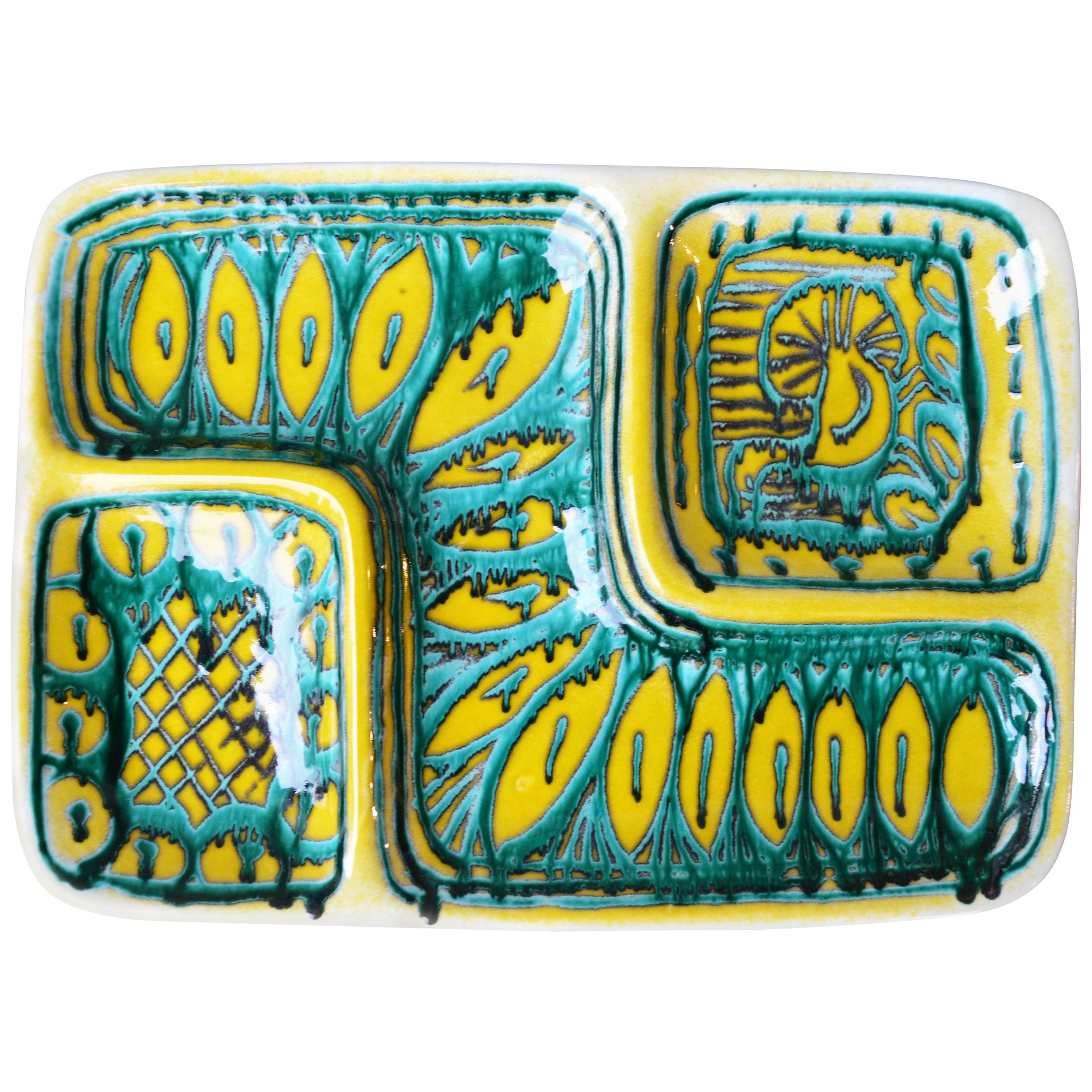 Italian Alessio Tasca Hand-Painted Ceramic Dish, Turquoise and Yellow For Sale