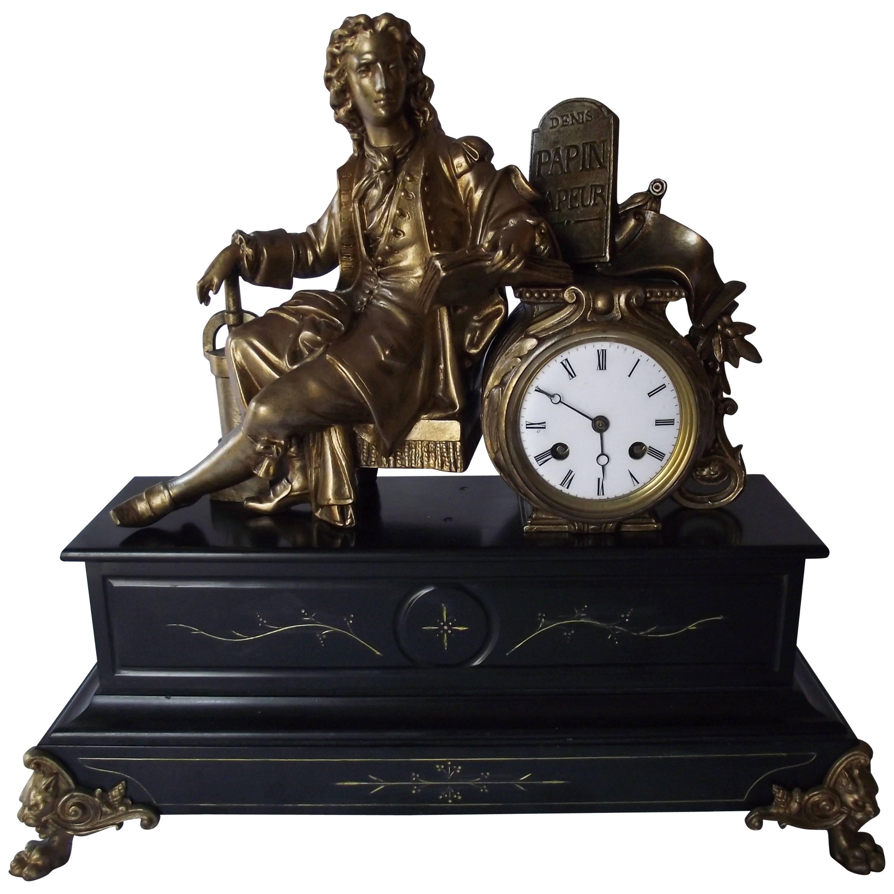 Large Antique Marble and Gilt French Figural Mantle Clock Honoring Denis Papin  For Sale