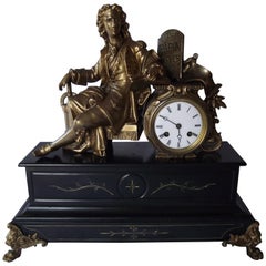 Large Antique Marble and Gilt French Figural Mantle Clock Honoring Denis Papin