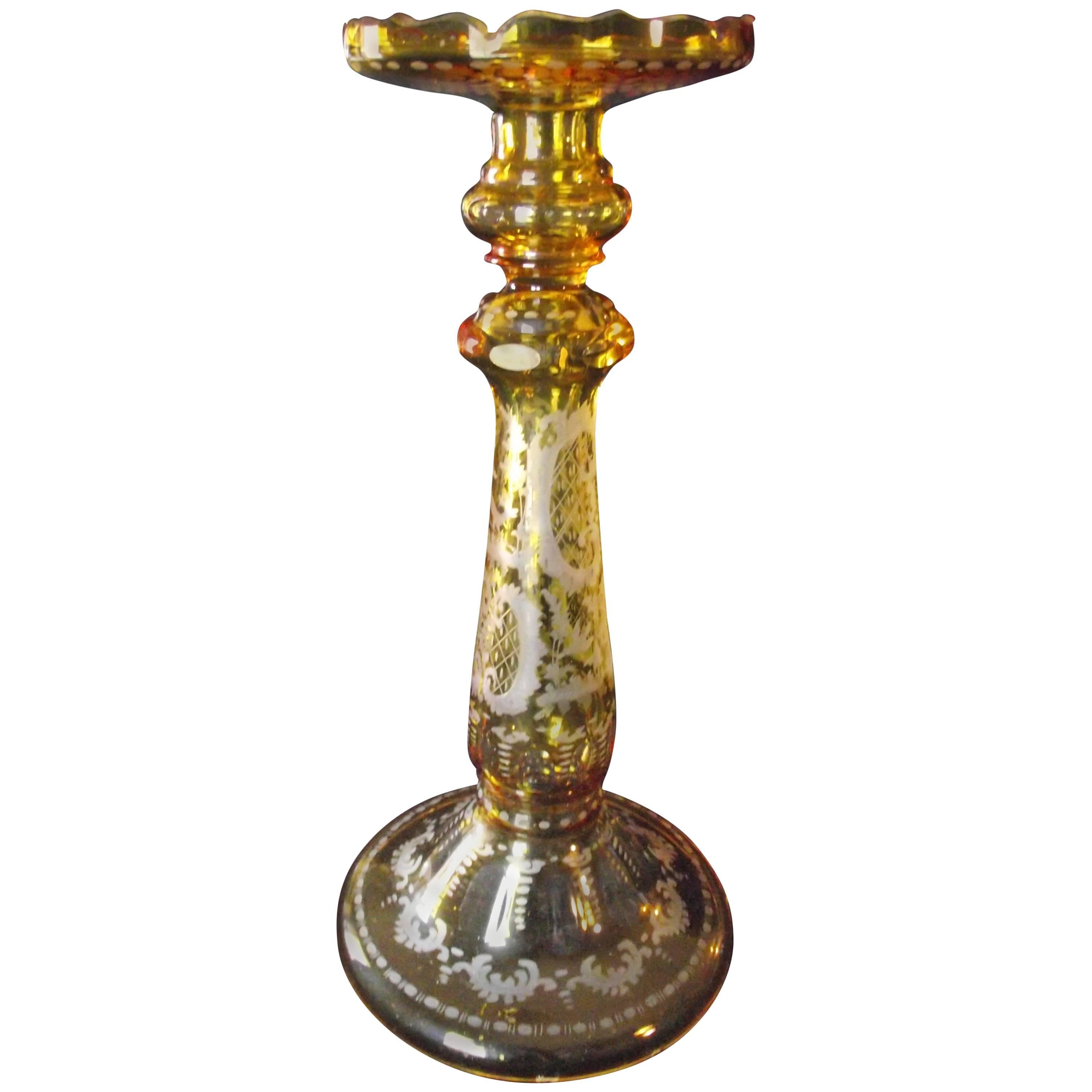 Bohemian Glass Vase/Candleholder Light Amber Glass Cut Down to Clear For Sale