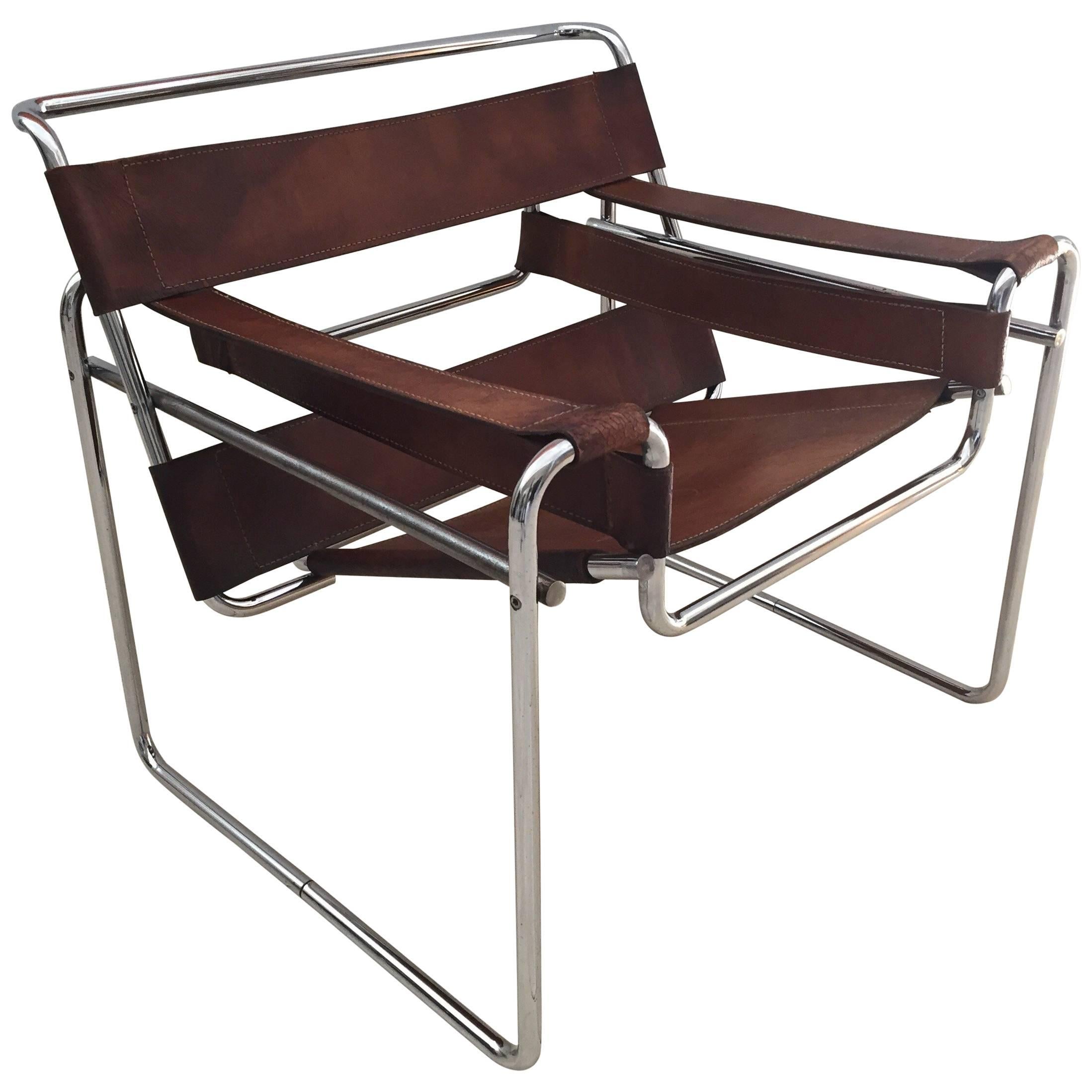 Vintage Early Original Marcel Breuer Wassily Chair for Knoll in Brown Leather