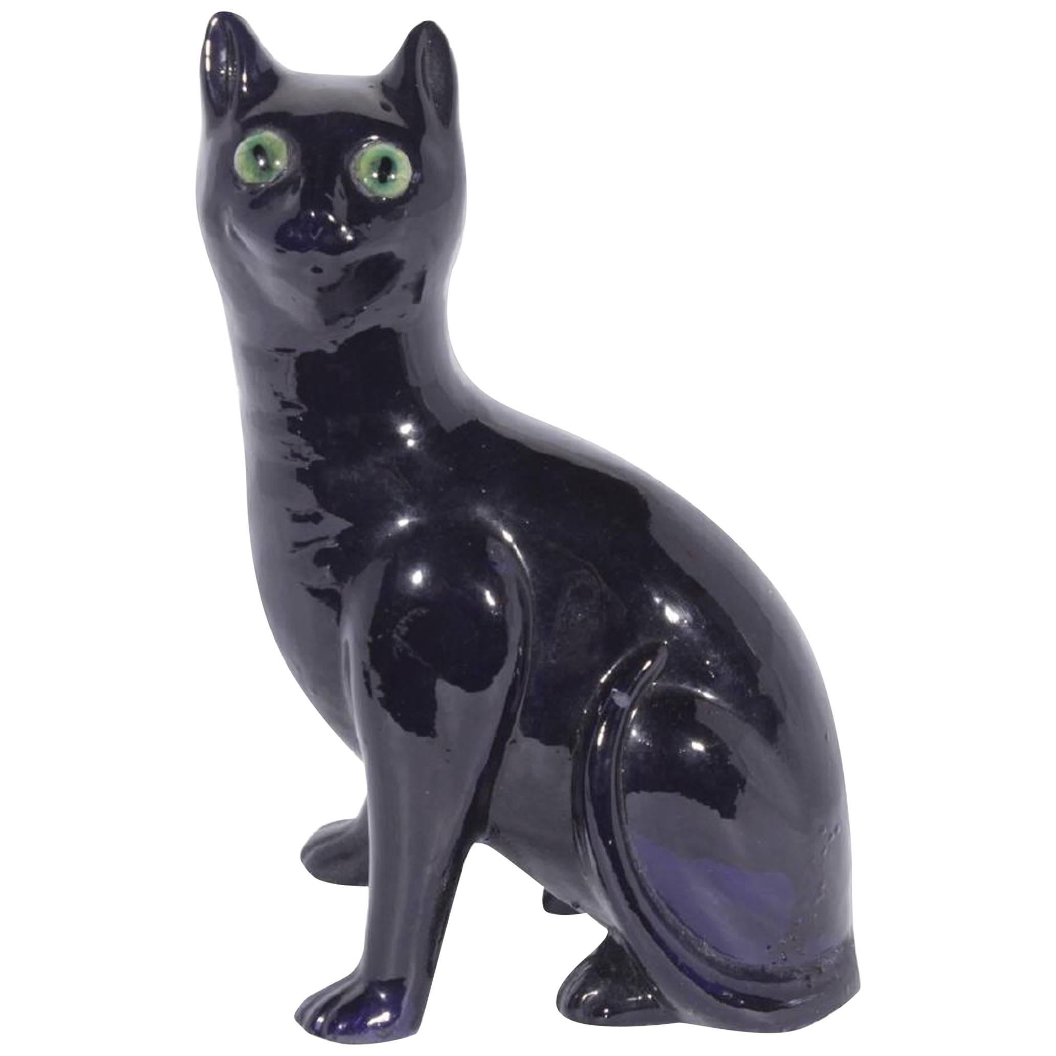 French Faience Cobalt Glazed Seated Cat in the Style of Emile Galle For Sale