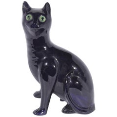 French Faience Cobalt Glazed Seated Cat in the Style of Emile Galle