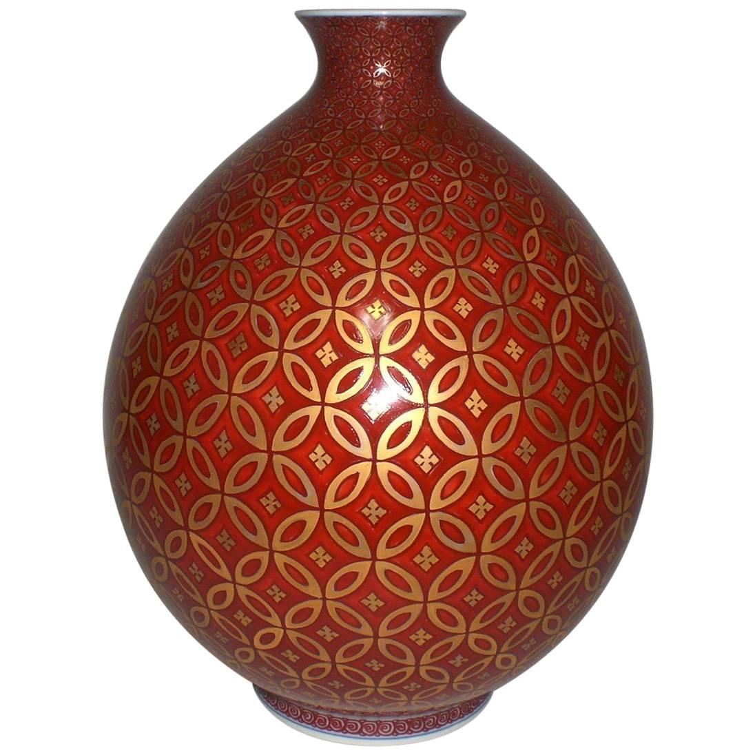 Japanese Contemporary Red Gold Porcelain Vase by Master Artist