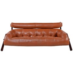 Percival Lafer MP-81 Brazilian Rosewood and Cognac Leather Three-Seat Sofa Couch