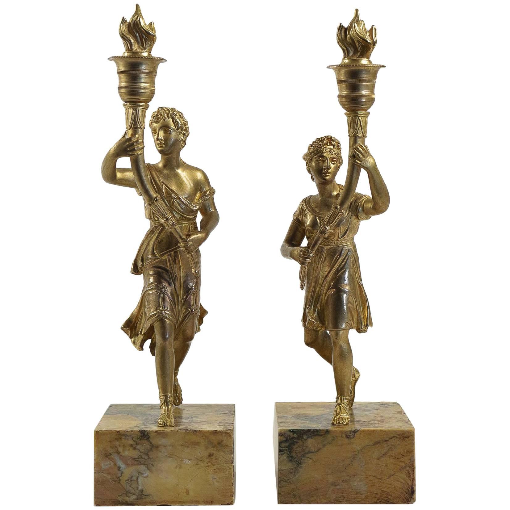 Mid-19th Century Pair of Candlesticks with Bronze Chiselled Characters For Sale