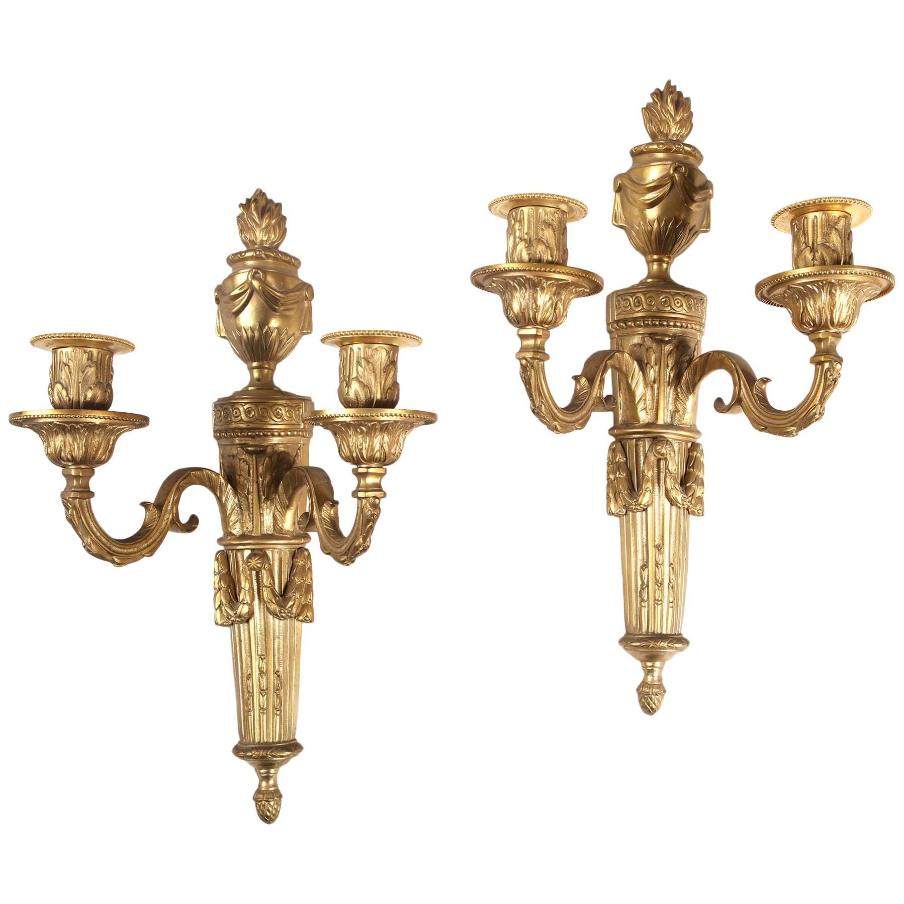 Pair of Two-Light Flaming Urn Wall Appliques