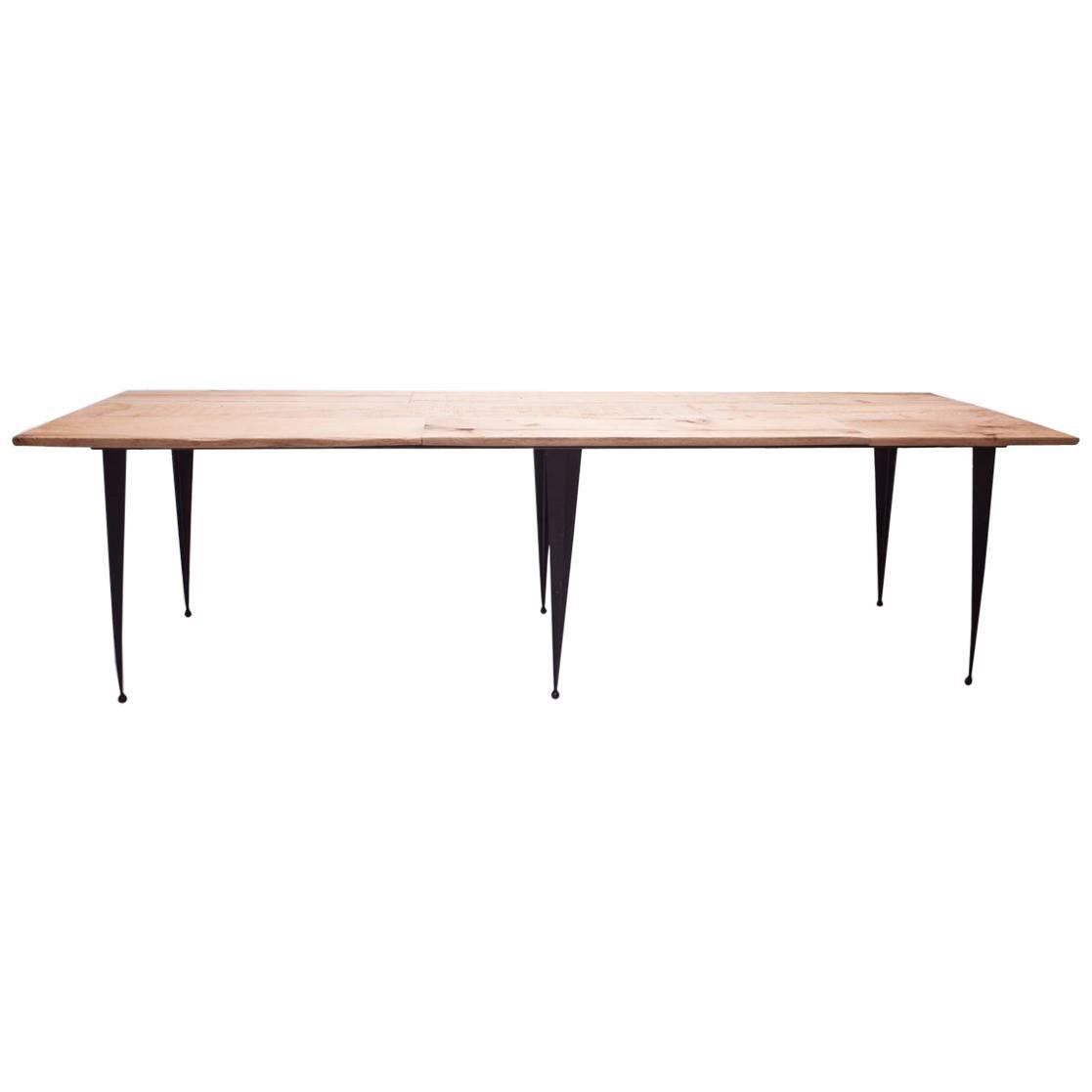 Made to Order Reclaimed Oak Top Table with Tapered Black Iron Legs