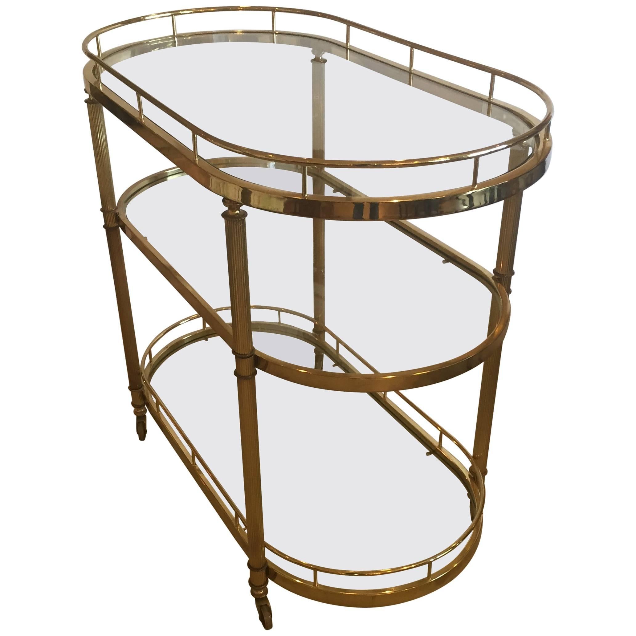 Elegant Mid-Century Modern Fluted Brass Three-Tier Oval Bar Cart