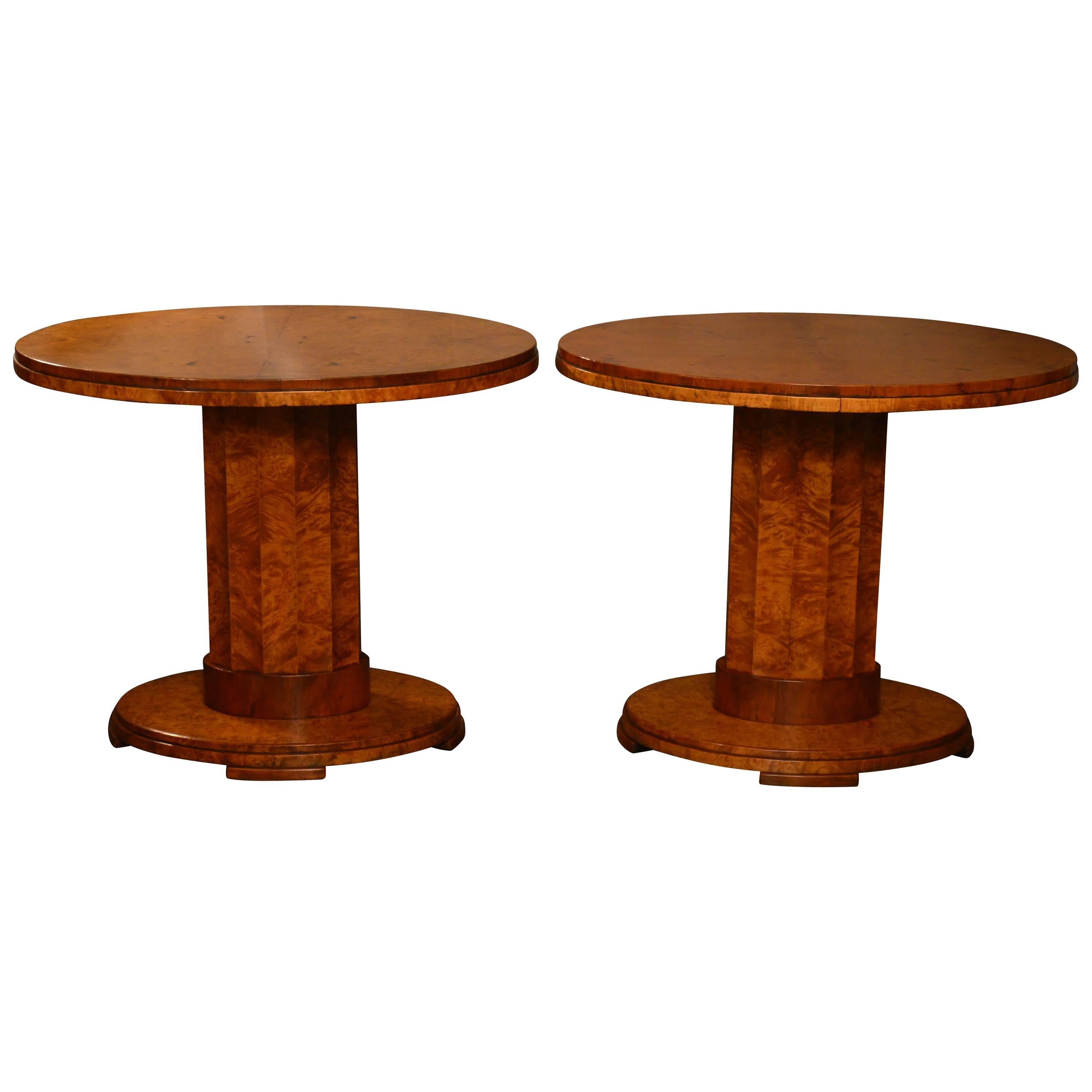Pair of Period Art Deco Burr Myrtle and Root Maple Oval Centre Tables For Sale
