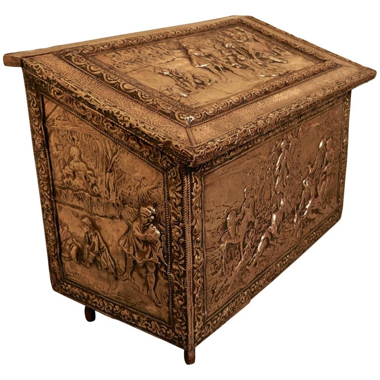 Large Embossed Brass Log Box with Country Scenes at 1stDibs