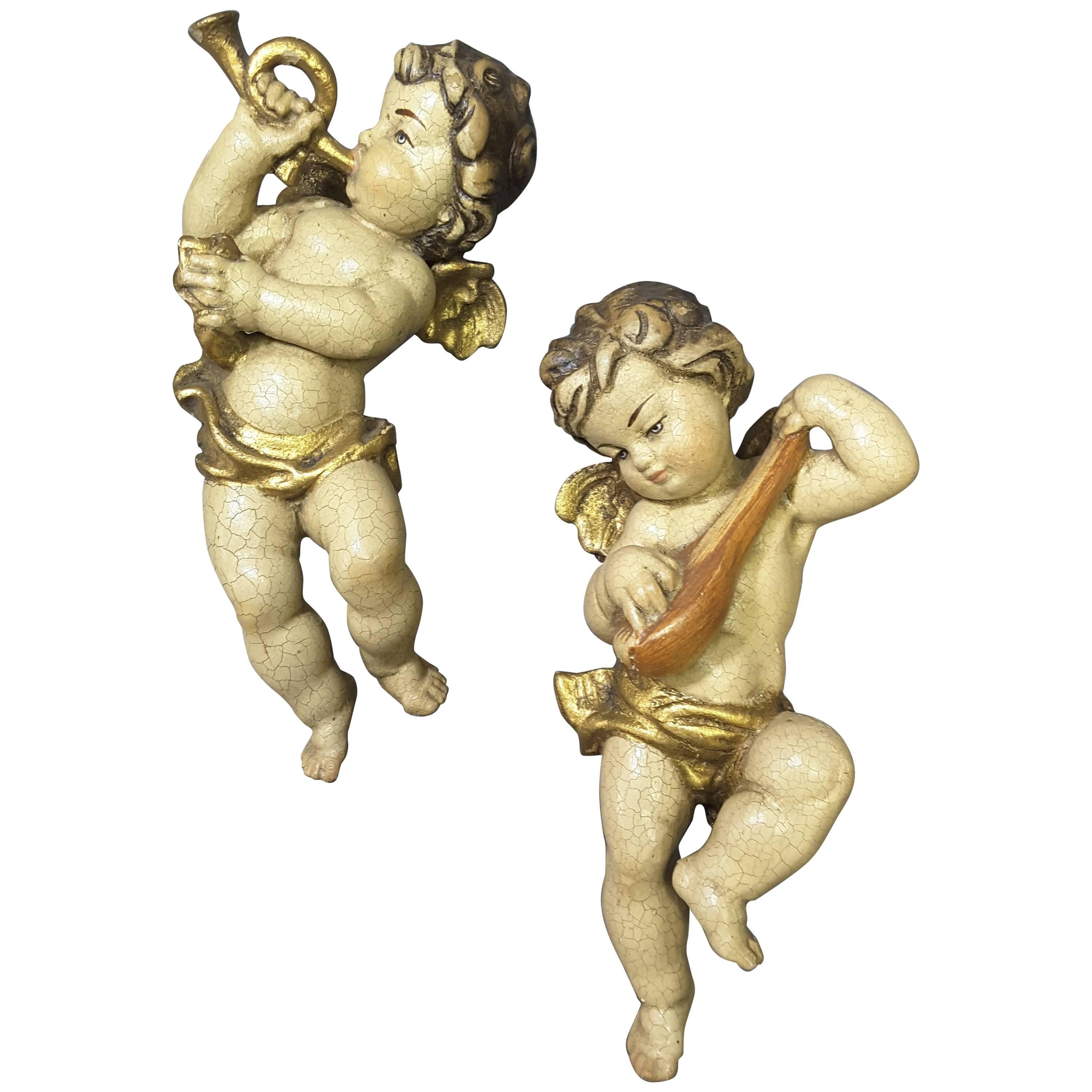 Pair of Italian Putti Wood Carved Hand-Painted Gilt Late 19th-Early 20th Century