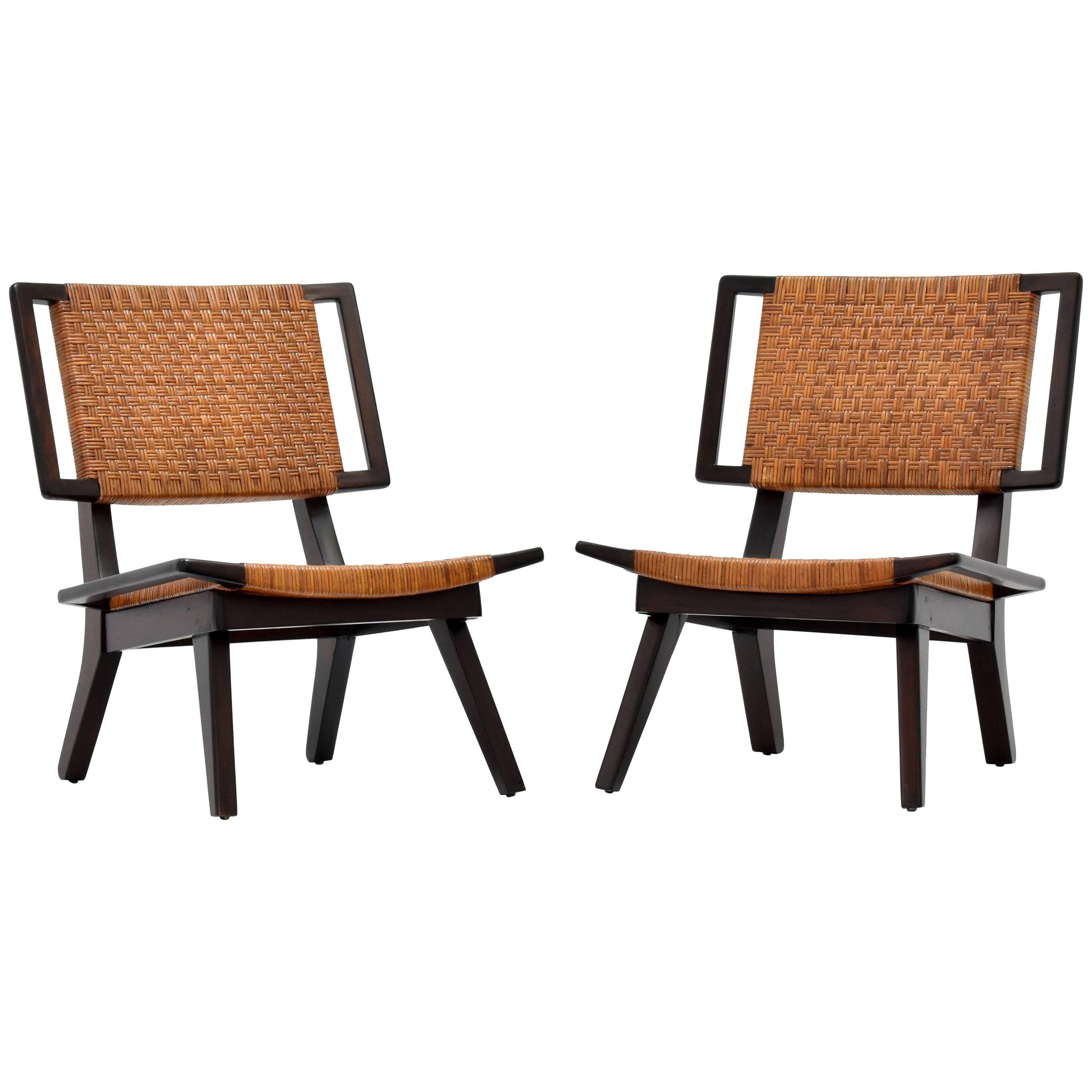 Paul László Style Lounge Chairs, Woven Rattan, Dark Wood, California 1950s