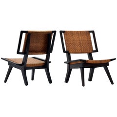 Paul László Style Lounge Chairs, Woven Rattan, Dark Wood, California, 1950s