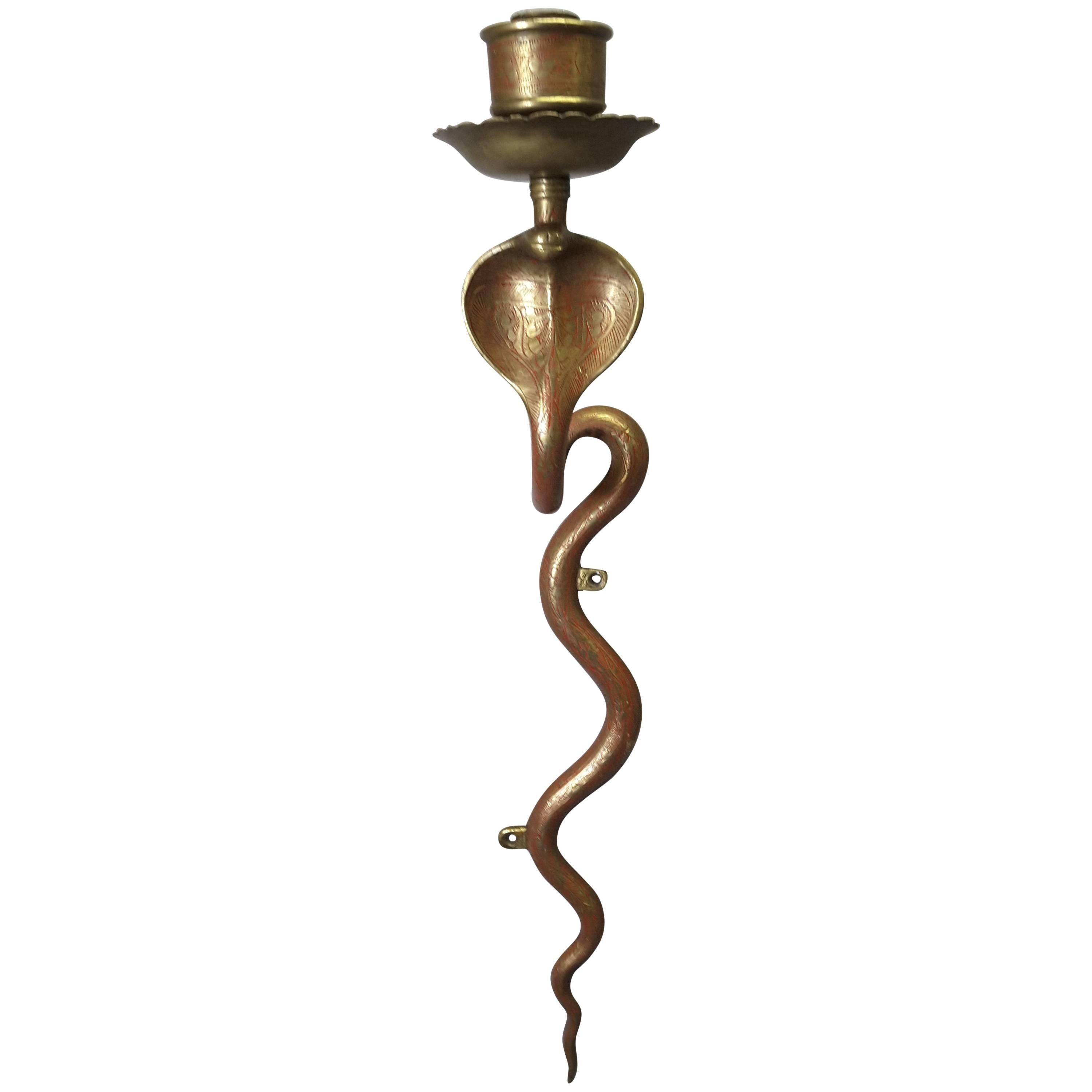 Brass Cobra Sconce Engraved Decoration with Red Detailing, circa 1960s