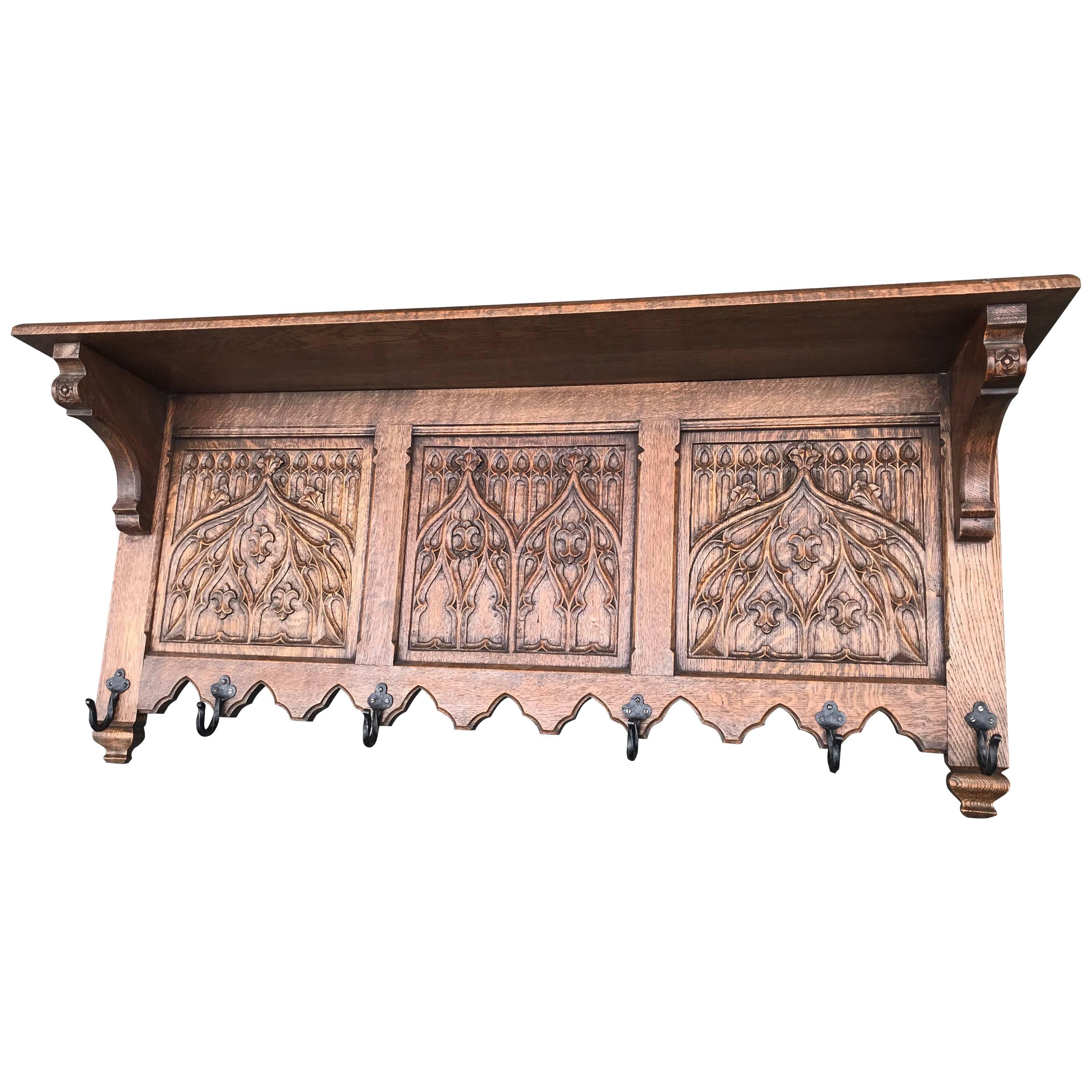 Hand-Carved Gothic Revival Coat Rack with Iron Hooks & Church Window Panels