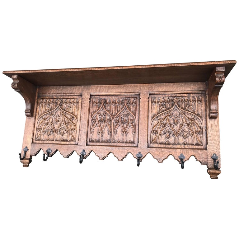 HandCarved Gothic Revival Coat Rack with Iron Hooks and Church Window