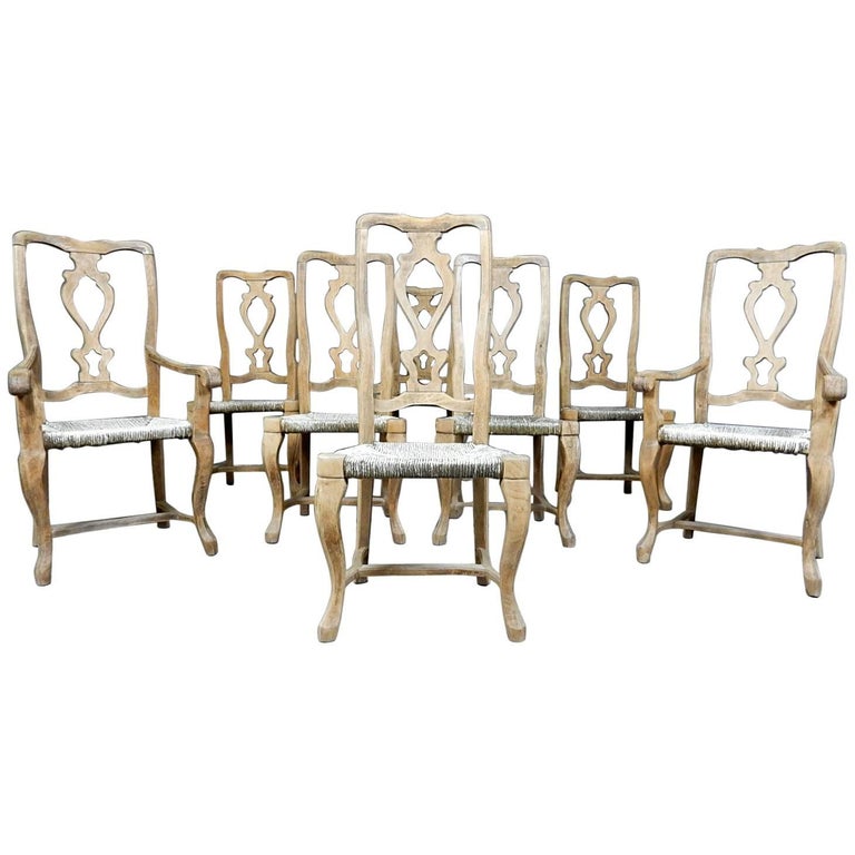 Splat Back Rococo Set of Eight Antique Italian Splat Back Rush Seating Dining Chairs at ...