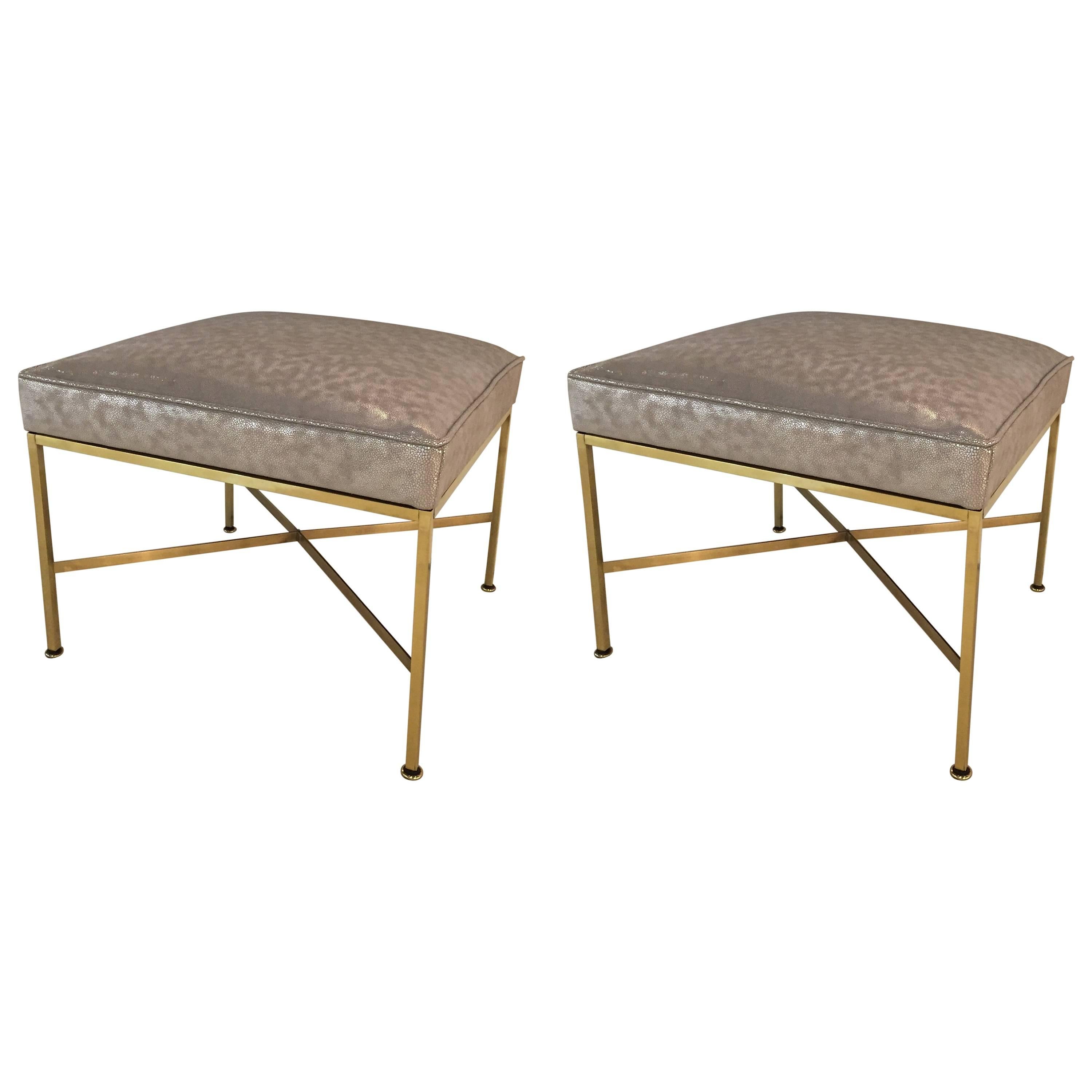 Pair of Paul McCobb Brass Stools Silver Shagreen Leather