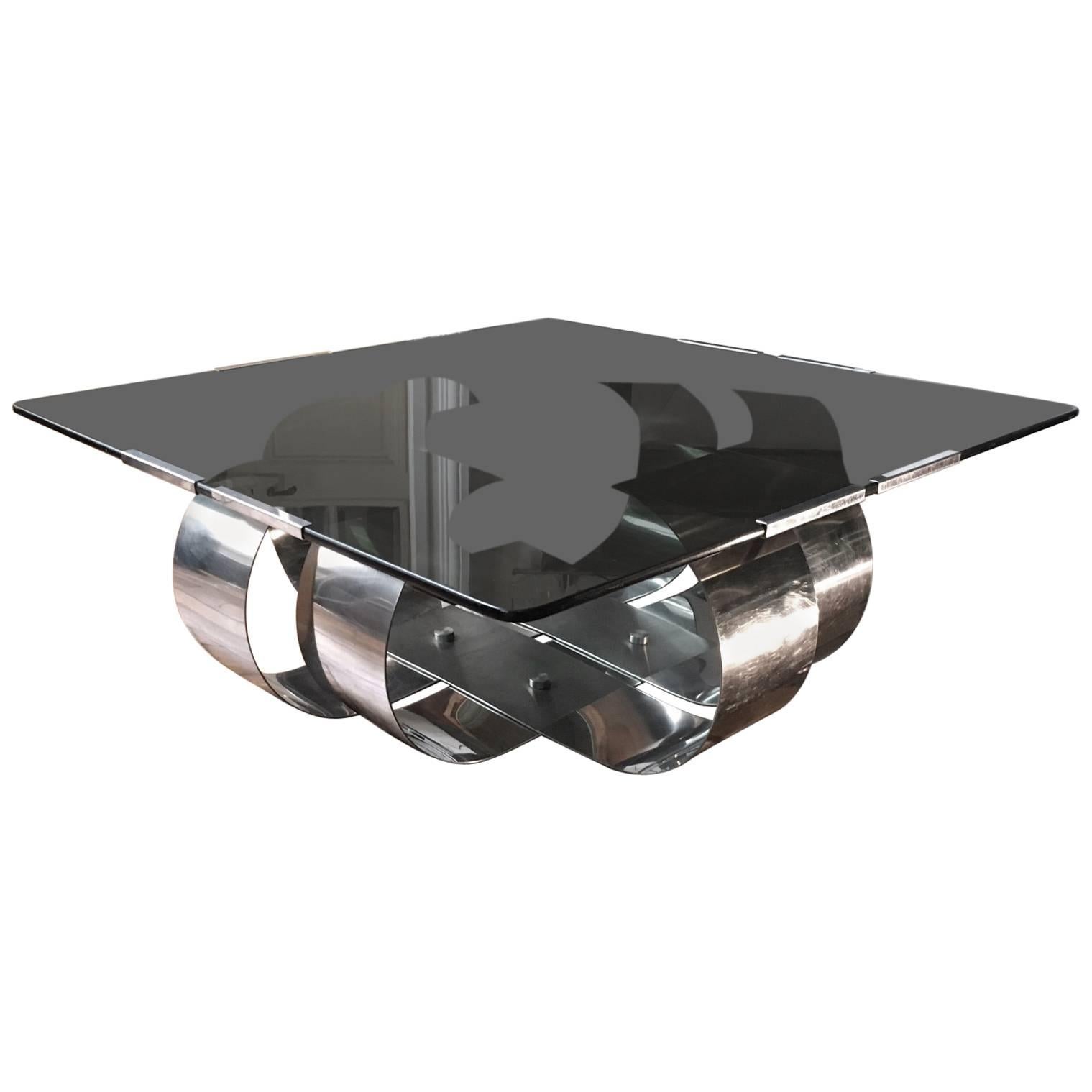 François Monnet Polished Steel and Smoked Glass Coffee Table For Sale