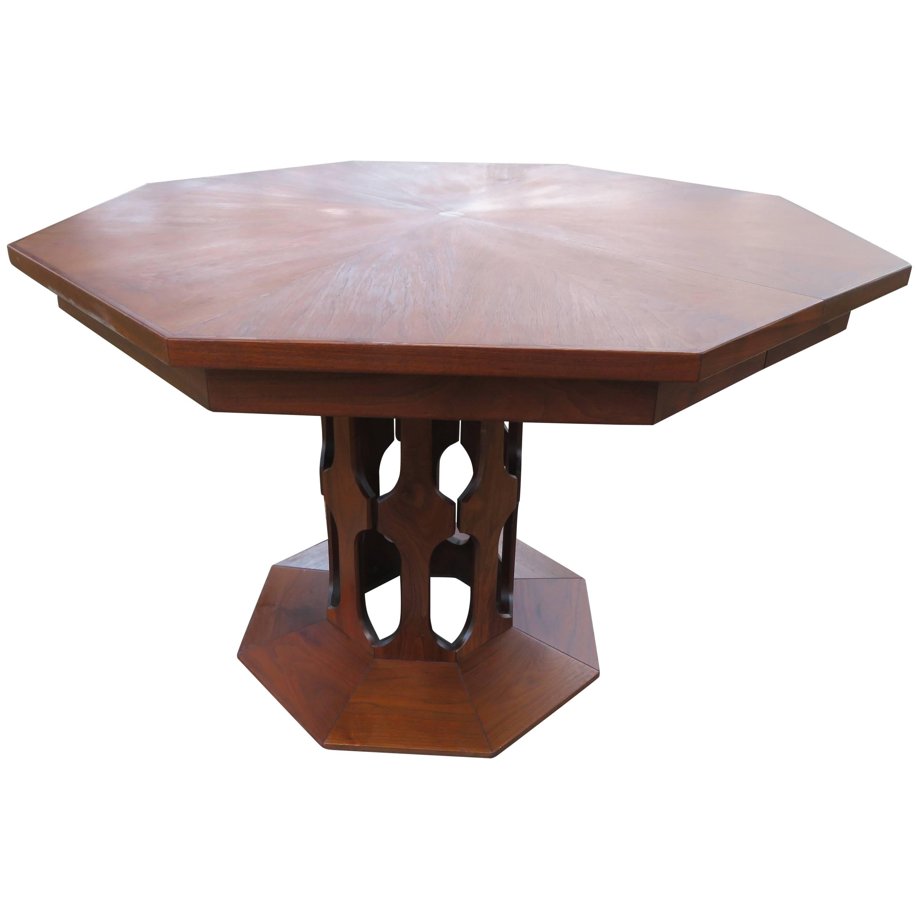 Harvey Probber Style Walnut Octagon Extension Table 2 Leaves Mid-Century Modern