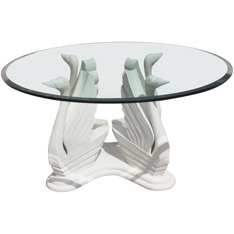 MidCentury Modern Wood Swan Ivory Finish Round Dining Table Glass Top